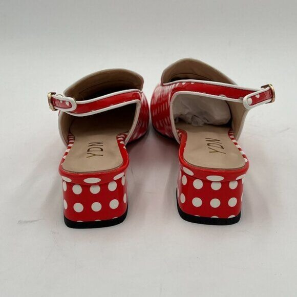 YDN Red Polka Dots Square Toe Block Low Heels Slingback Lady Pump - Picture 5 of 8